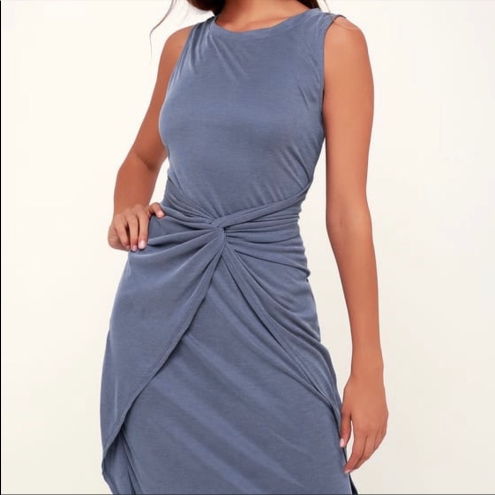 Smoky blue casual cinch waist dress